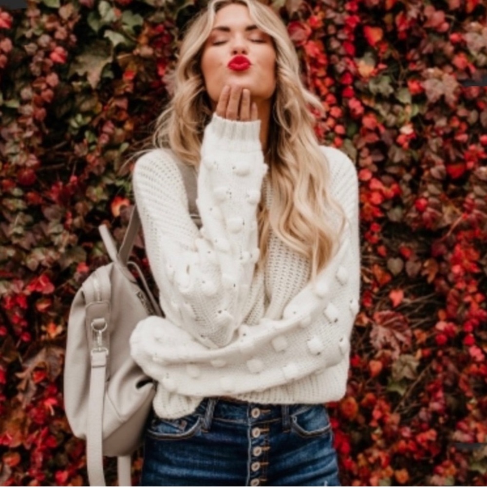 Vici Boutique White Moon & Madison Sweater Pom Pom Knit Sweater